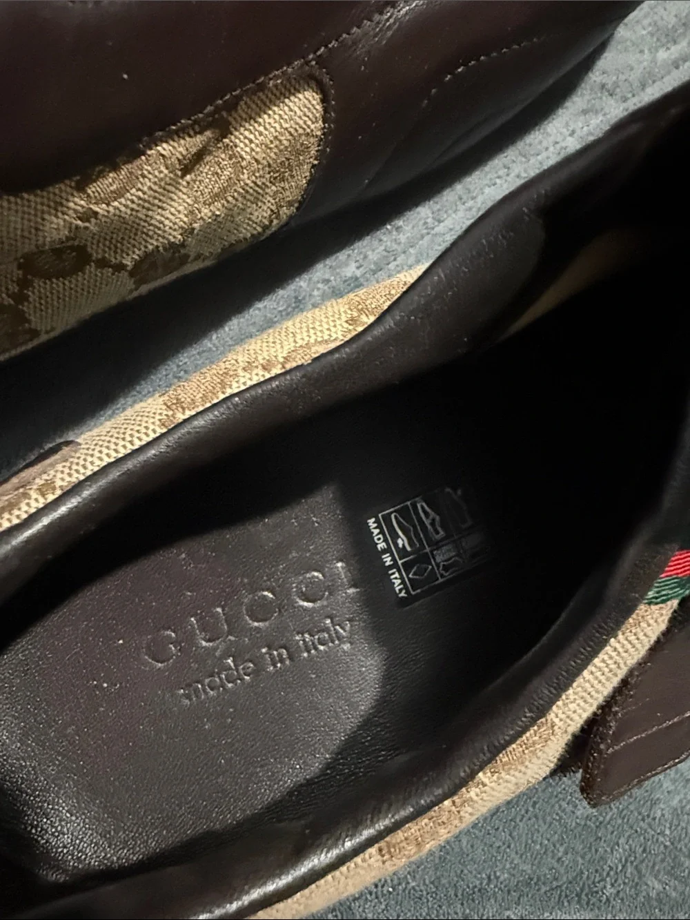Gucci Brown Leather & Beige Monogram Slip-On Loafers with Red-Green Stripe